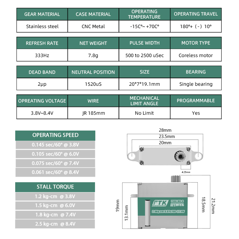 PTK 7306 MG-D 7g 디지털 올메탈 서보 HV - Micro Servo 리뷰 및 가격